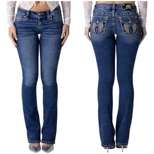 Miss Me Frankie Angel Wing Embellish Faux Flap Pockets Low-Rise Bootcut Jeans 26